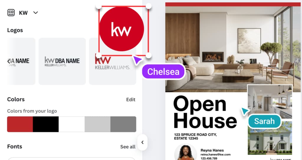 A KW brand kit inside Canva with logos, colours, and fonts preloaded